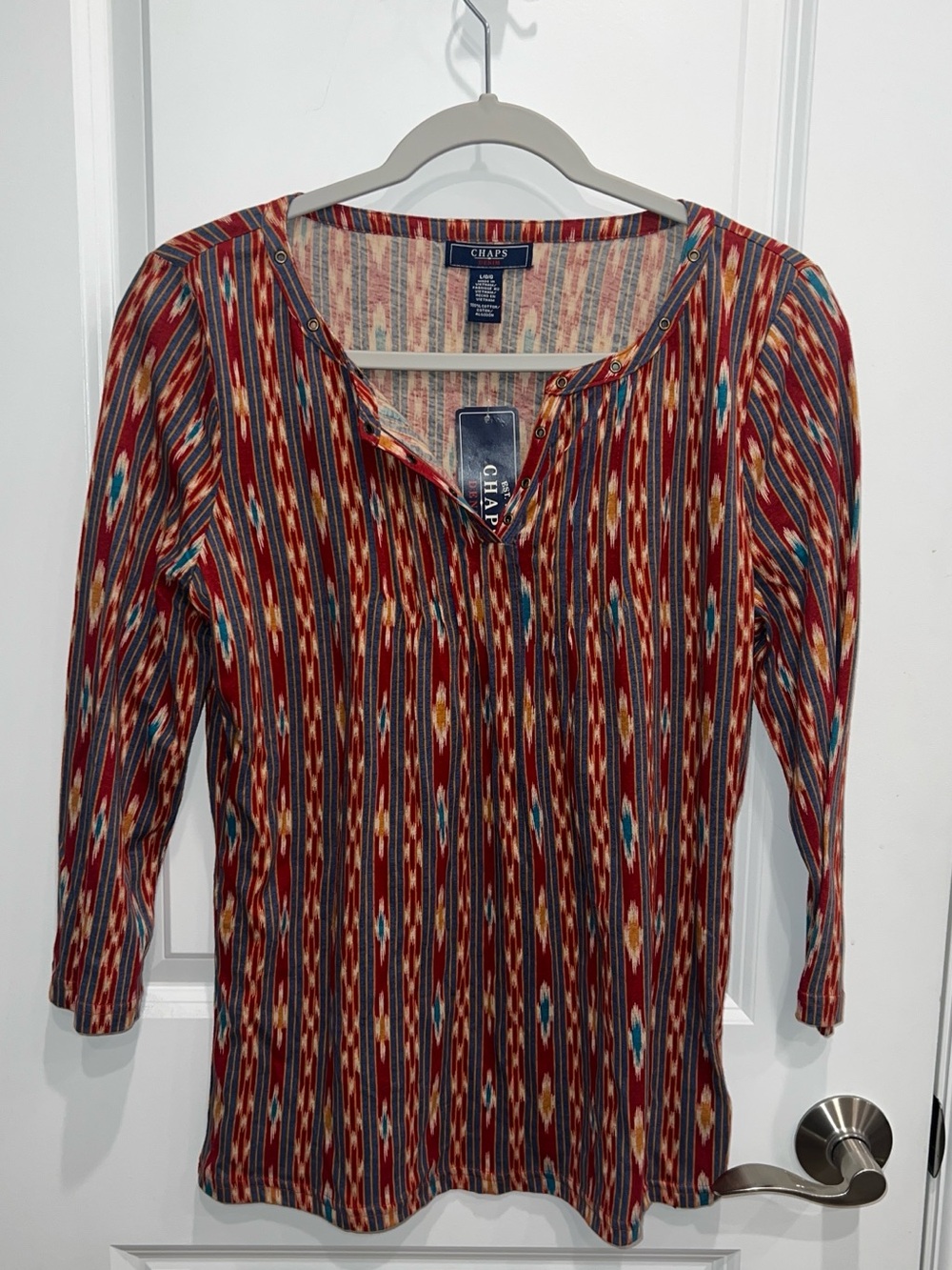 Chaps Women's Knit Ikat 3/4 Sleeve Pullover  Split Neck Top Size Large NWT